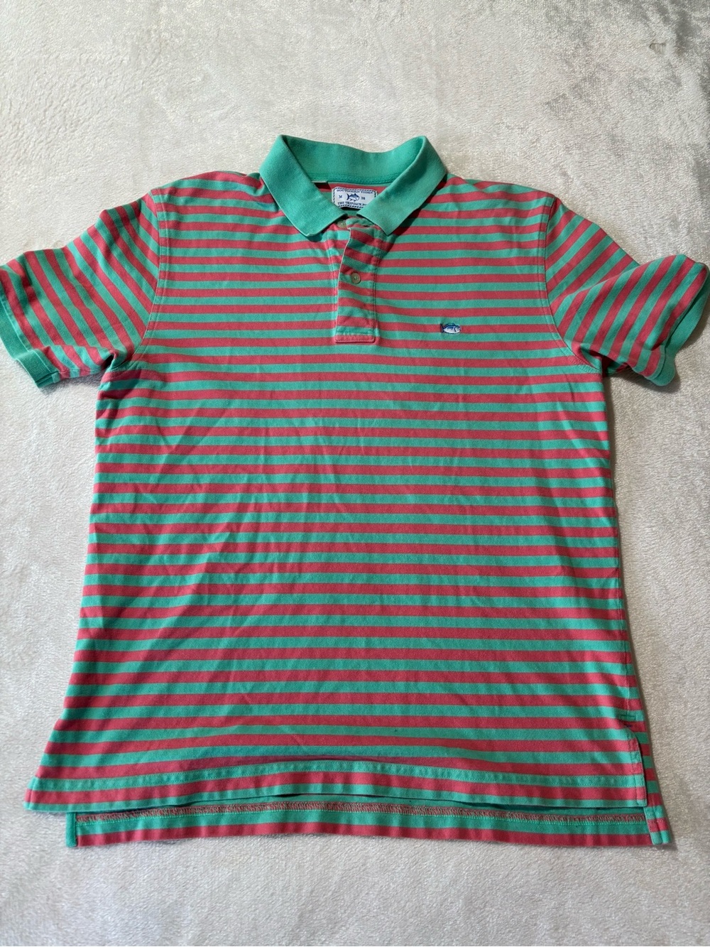 Southern Tide Green and Red Striped Polo Shirt